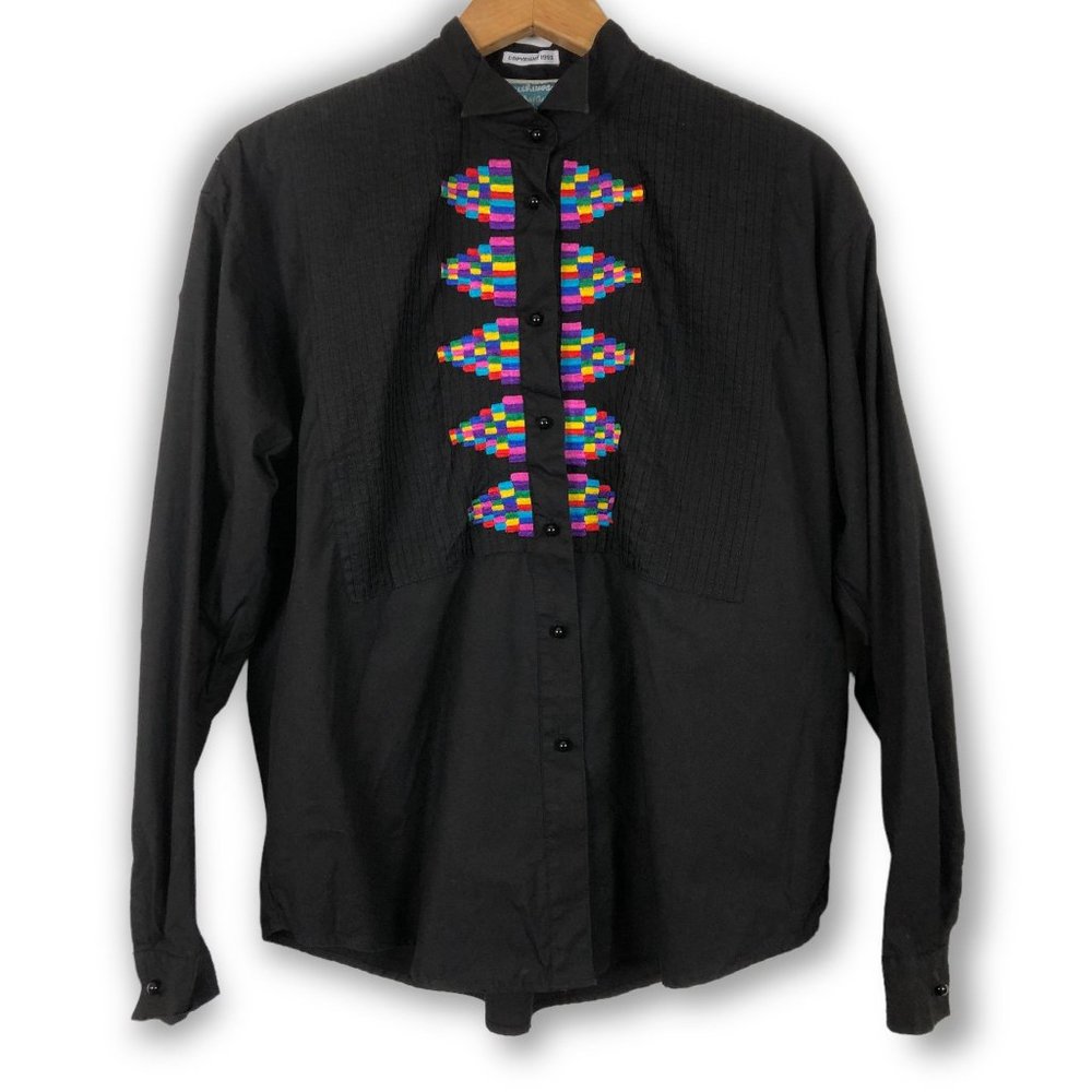 Black Button-Down Shirt with Multicolor Embroidery